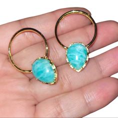 Amazonite 24k Gold Pave With A Drop Hoop Design. Artisan Made. Clear Crystal Earrings, Baublebar Earrings, Drop Hoop Earrings, Arrow Earrings, Cameo Earrings, Silver Flower Earrings, Western Earrings, Hoop Design, Heart Drop Earrings