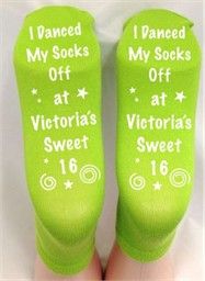 pair of neon green socks with white words on them that read, i dance my socks off at victoria's sweet 16