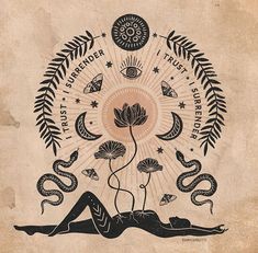 a woman laying on her back in front of a circle with flowers and serpents