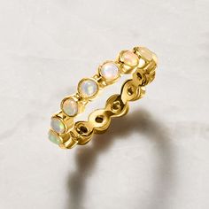 Ross-Simons - Opal Eternity Band Ring in 18kt Gold Over Sterling. Size 8. A lady can never have enough stackable rings! This colorful, mesmerizing eternity style features 3mm opal cabochons on a polished 18kt yellow gold over sterling silver band. It will look fabulous alone or with other favorites. 1/4" wide. Opal eternity band. Opal birthstones are the perfect gift for October birthdays. October Birthdays, Opal Birthstone, Opal Ring Gold, Eternity Band Ring, Australian Opal, Eternity Band, A Lady, Sterling Silver Bands, Stackable Rings