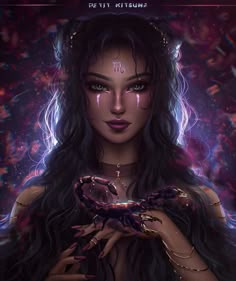 a digital painting of a woman with dark hair holding a crab in her right hand