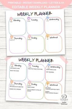 the printable weekly planner is shown in two different colors, with flowers on each side