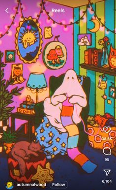 an animated image of a person sitting in a room with christmas decorations on the walls