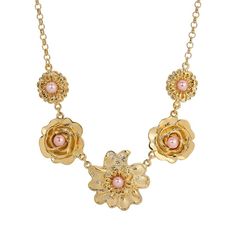 Accessorize in style with this 1928 gold tone & pink faux pearl flower collar necklace. Accessorize in style with this 1928 gold tone & pink faux pearl flower collar necklace. FEATURES Chain length: 16 in. Clasp: lobster-claw Nickel safe Metal: alloy Material: acrylic Plating: gold tone Finish: polished Not appropriate for children 14 years old and younger. Size: One Size. Gender: female. Age Group: adult. Gold Feminine Necklaces For Spring, Feminine Gold Necklace For Spring, Elegant Gold Flower Necklace For Spring, Gold Vintage Jewelry For Spring, Gold Flower Necklace For Spring, Gold Necklace For Spring Wedding, Spring Vintage Gold Jewelry, Spring Wedding Gold Necklace, Spring Pearl Gold Jewelry