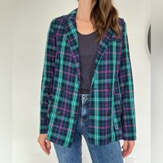 This Is A Colorful Plaid Blazer From Europe Size Xs Looks Great With Jeans! Nwot Trendy Purple Long Sleeve Blazer, Trendy Purple Blazer For Fall, Trendy Purple Fall Blazer, Purple Button-up Cotton Outerwear, Purple Casual Blazer For Fall, Casual Purple Blazer For Winter, Purple Cotton Button-up Outerwear, Casual Purple Blazer For Fall, Casual Purple Outerwear For Work