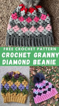 crochet granny hat and beanie with text overlay that reads free crochet granny diamond beanie