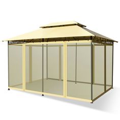 a white and tan gazebo with glass walls