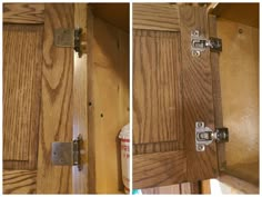 two pictures of wooden doors with metal latches