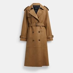 A luxurious take on an iconic style this relaxed-fit trench coat is crafted of soft supple leather. The double-breasted silhouette is finished with shoulder epaulettes slip pockets belted cuffs and a back vent for ease of movement. | Coach Leather Double Breasted Trench Coat - Women's Size XS - Dark Beige Luxury Leather Outerwear With Double-breasted Button, Luxury Leather Double-breasted Outerwear, Luxury Double-breasted Outerwear With Belted Cuffs, Luxury Double-breasted Outerwear With Belt Loops, Classic Leather Jacket With Double-breasted Button, Luxury Business Outerwear With Belted Cuffs, Luxury Spring Outerwear With Belt Loops, Winter Leather Outerwear With Double-breasted Buttons, Winter Leather Double-breasted Outerwear