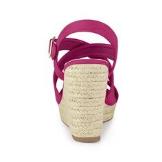 These platform wedges feature a sleek ankle strap and an espadrille heel to add comfort and style to your everyday look. Easy to pair with favorite denim jeans, shorts, skirts, and your everyday casual wear. The wedge sandals are designed with a crisscross strap, platform, and wedges heel. The vamp is made of faux suede and the outsole is a combination of espadrille and rubber. Suitable for various occasions including office, party, casual events, Halloween days, Christmas days, dating, and even Pink Slip-on Wedge Sandals For Summer, Pink Slip-on Wedge Sandals For Vacation, Pink Slip-on Wedge Sandals For Beach, Pink Wedge Heels With 4-inch Heel, Pink Wedge Sandals With 4-inch Heel, Women's Espadrilles, Wedges Sandals, Espadrilles Platform, Strap Wedge