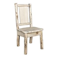 an old wooden chair with white paint on the back and seat, against a white background