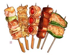 several skewered food items are arranged on sticks