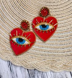 Luxurious heart-shaped earrings with a blue eye in the center.The earrings are very light.not heavy Great gift idea Length: 2.7 inches (7.5 cm) Embroidered Earrings, Velvet Heart, Earrings Trendy, Heart Shaped Earrings, Blue Evil Eye, Blue Eye, Curvy Fashion, Heart Earrings, Evil Eye