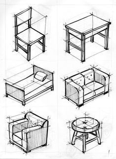 sketches of living room furniture and coffee table in various stages of development, from top to bottom