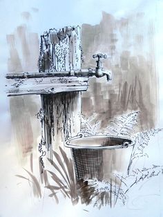 an artistic drawing of a sink and tub