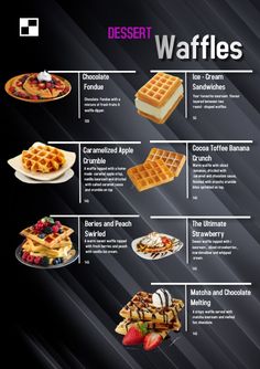 the different types of waffles are shown in this poster, with information about them