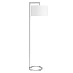 a floor lamp with a white shade on the base and a round metal ring around it