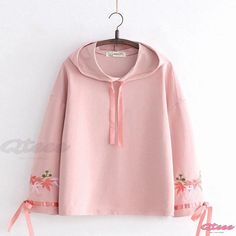 Qteee - Premium Leaves Embroidered Loose Hoodie with Ribbon Detailing Embroidered Hooded Hoodie For Spring, Spring Embroidered Hooded Hoodie, Pink Long Sleeve Sweatshirt With Floral Embroidery, Embroidered Cotton Hoodie For Spring, Embroidered Hooded Sweatshirt For Spring, Hooded Embroidered Sweatshirt For Spring, Pink Embroidered Hoodie For Fall, Spring Embroidered Cotton Hoodie, Spring Embroidered Hoodie Sweatshirt