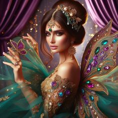 a beautiful woman dressed as a fairy holding a butterfly