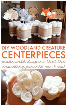 the diy woodland creature centerpieces are made with diapers that have been rolled into