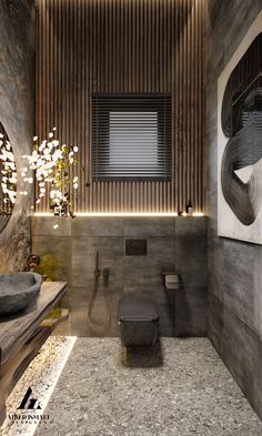 a modern bathroom with wooden walls and flooring