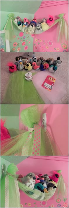 two pictures show the inside of a bed with pink sheets and green netting on it