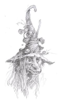 a drawing of a scarecrow wearing a hat with flowers on it's head