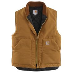 This Carhartt Men's V01 Relaxed Fit Firm Duck Rib Collar Insulated Vest is built with Carhartt's most durable cotton duck. The water-repellent, wind-resistant vest has arctic-weight insulation to keep you warm in frigid conditions. The droptail hem gives the vest added coverage, and the Carhartt branding adds authentic style. 12 oz., firm-hand, 100% ring-spun cotton duck vest Nylon lining quilted to arctic-weight-polyester insulation Brass center-front zipper with inside storm flap Inside pocket Brown Carhartt Vest Outfit, Carhartt Womens Vest, Carhart Vest Wimens, Carhartt Vest Outfit, Mens Carhartt Vest, Carhartt Women’s Vest, Carhartt Vest, Collar Vest, Carhartt Mens