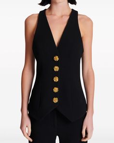 Balmain Noir Sleeveless Button Vest Deep v neck Sleeveless Front button closure Gold tone statement buttons Tailored fit 100% wool Chic Tank Tops, Black Waistcoat, Wool Waistcoat, V Neck Tank Top, Casual Vest, Sleeveless Vest, Women Clothes, Luxe Fashion, Womens Vest