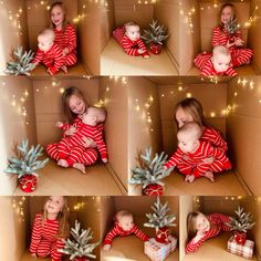 Cute At Home Christmas Pictures, Baby Christmas Box Pictures, Baby In Present Box Photo, Baby In Box Christmas Photo, Diy Christmas Kids Photoshoot, Family Christmas Light Pictures, Cardboard Box Christmas Photos, Kids In Box Christmas Pictures, Sibling Christmas Photos On Bed