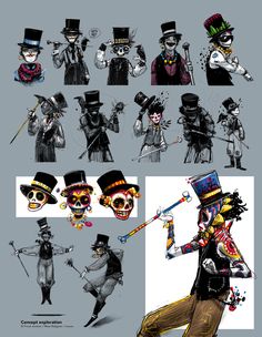 several different colored images of people in top hats and tails, with one holding a cane