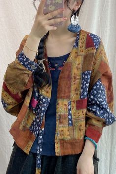 New Style Linen Patch Long-sleeved Cardigan Retro Casual Print Jacket Material: Linen Collar: V-neck Pattern: Print Highlight: Patch Season: Spring. Fall Print Jacket, Neck Pattern, Kimonos, New Style, Season Spring, Kimono Top, Denim Jacket, Couture, V Neck