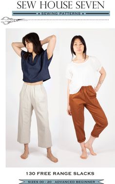 two women in pants and t - shirts with the text sew house seven sewing patterns