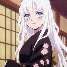 an anime character with long white hair and blue eyes