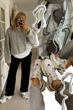 2024 spring trend Chrome, nike v2k run trainers gen z monochrome style Womens Trainers Outfit, Nike V2k Run Outfit, Lecture Outfits, Staple Clothes, Colourful Wardrobe, Pen Portraits, Nike V2k, Run Outfit, Everyday Sneakers