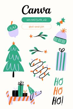 an image of christmas stickers with the words canva on them and presents in front of