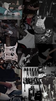 a collage of black and white images with guitars