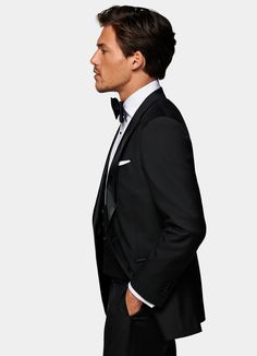 White Pocket Square, Slim Fit Tuxedo, Groomsmen Suits, Slim Fit Jackets, Tuxedo Shirts, Black Tuxedo, Fitted Trousers, Groom And Groomsmen, Egyptian Cotton