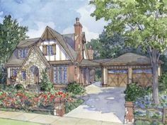 this is an artist's rendering of a house in the country style with flowers and trees