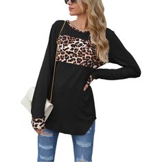 Black Splice Leopard Round Neck Long Sleeve Top Black Spliced Top For Fall, Black Patchwork Top For Fall, Black Patchwork Tops For Layering, Chic Fall Tops With Splicing, Black Color Block Tops For Fall, Round Neck Long Sleeve Top, Tops Long Sleeve, Top Women, Women Tops