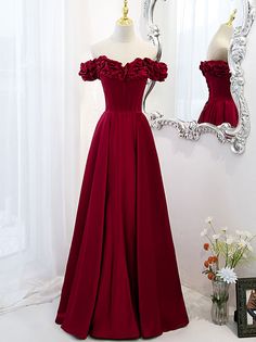 Red Off The Shoulder Prom Dress, Maroon Ball Gowns, Prom Dress Burgundy, Burgundy Evening Dress, Formal Prom Dresses Long, Long Formal Dress, Satin Evening Dresses, Dream Dresses, Dress Classy