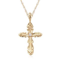 Carla Diamond Fancy Cross - 14K Yellow Gold Pendant 14K Yellow Gold Fancy Cross with .05 Diamond Pendant Measures: 0.55 inch wide x 1.00 inch long Jewelry Type: Diamond Pendant, Cross Pendant Metal: 14K Yellow Gold Made in the USA with a Lifetime Guarantee Carla Diamond Fancy Cross Pendant Formal 14k Stamped Cross Pendant Necklace, Classic Gold Jewelry With Diamond Accents, Gold Cross Pendant Jewelry With Diamond Accents, Gold Jewelry With Diamond Accents Cross Pendant, Gold Jewelry With Diamond Accents And Cross Shape, Elegant Gold Cross Pendant Jewelry, Formal Jewelry With Diamond Accents In Cross Pendant, 14k Gold Cross Jewelry For Anniversary, Gold Diamond Jewelry With Filigree