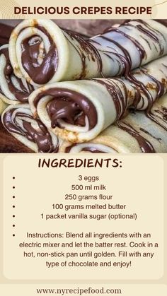 some food is stacked on top of each other with chocolate in the middle and an ingredient list below