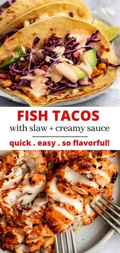 fish tacos with slaw and creamy sauce are served on a plate next to a fork