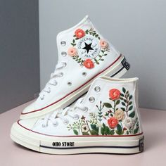 "Experience the art of hand embroidery on Converse embroidered shoes, a testament to meticulous craftsmanship. Custom Wedding Converse/ Converse High Tops Chuck Taylor 1970s/ Personalized Bride Sneakers/ Flower Embroidered Design/ Embroidery Shoes  💸 Price includes Converse Shoes and floral embroidery as shown 🌸 You can send me your Converse/Vans shoes or I can buy them for you. We stock all the Converse and Vans shoes you want, if you want other Converse/Vans shoes in the store, please message us. Your embroidered Converse/Vans shoes will be available for shipping in 7-15 days. 🌸 I started hand embroidering on fashionable clothes and handbags over 20 years ago - and now on CONVERSE/VANS shoes, an American icon, a must-see classic! I'm excited to give your Chuck Taylor shoes a new look Converse Fits, Converse Chuck 70s, Bride Sneakers, Chuck Taylor Shoes, High Top Chucks, Wedding Converse, Embroidery Shoes, Embroidered Shoes, Personalized Bride