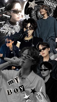 the collage shows many different people in black and white outfits, including one man with sunglasses