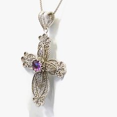 Silver Cross Amethyst Pendant Necklace, 925 Sterling, Artisan Filigree 3.5 cttw Genuine Gem, Armenian Cross, Valentine Gift Boxed for her. This is exceptional inspired from historic Armenian Crosses. Cross Pendant weight is 10gr. It has 8 mm Amethyst 3.5 carat total weight. Choice of 18 Inches Chain or just a pendant. This will come in a designer pouch, put in gift box and a romance card. It is a gift that will create memories for years to come. Our fine silver jewelry is Made in our exclusive A Purple Sterling Silver Filigree Jewelry, Sterling Silver Purple Jewelry With Intricate Design, Sterling Silver Jewelry With Intricate Design In Purple, Purple Sterling Silver Jewelry With Intricate Design, Intricate Cross Necklace As Gift, Intricate Cross Necklace For Gift, Ornate Sterling Silver Purple Jewelry, Ornate Purple Sterling Silver Jewelry, Purple Filigree Pendant Jewelry