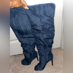 Navy Blue Over The Knee Stiletto Boots, Never Worn Chic Blue High Heel Boots, Chic Blue High Heeled Boots, Blue Boots For Night Out In Spring, Blue Boots For Spring Night Out, Chic Blue Knee-high Heeled Boots, Chic Blue Boots For Night Out, Stiletto Boots, Shoe Dazzle, Boot Shop