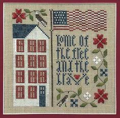 a cross stitch pattern with the words home of the free state and an american flag