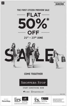 an advertisement for the latest clothing line, featuring women in black and white outfits with text that reads 50 % off sale come together shoppers stop start something new